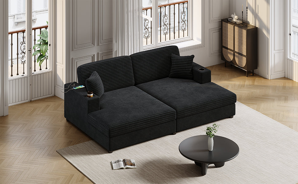 NEW Black Corduroy Oversized Loveseat Chaise Lounge Sectional Sofa Bed with USB Ports Cup Holders and Pillows