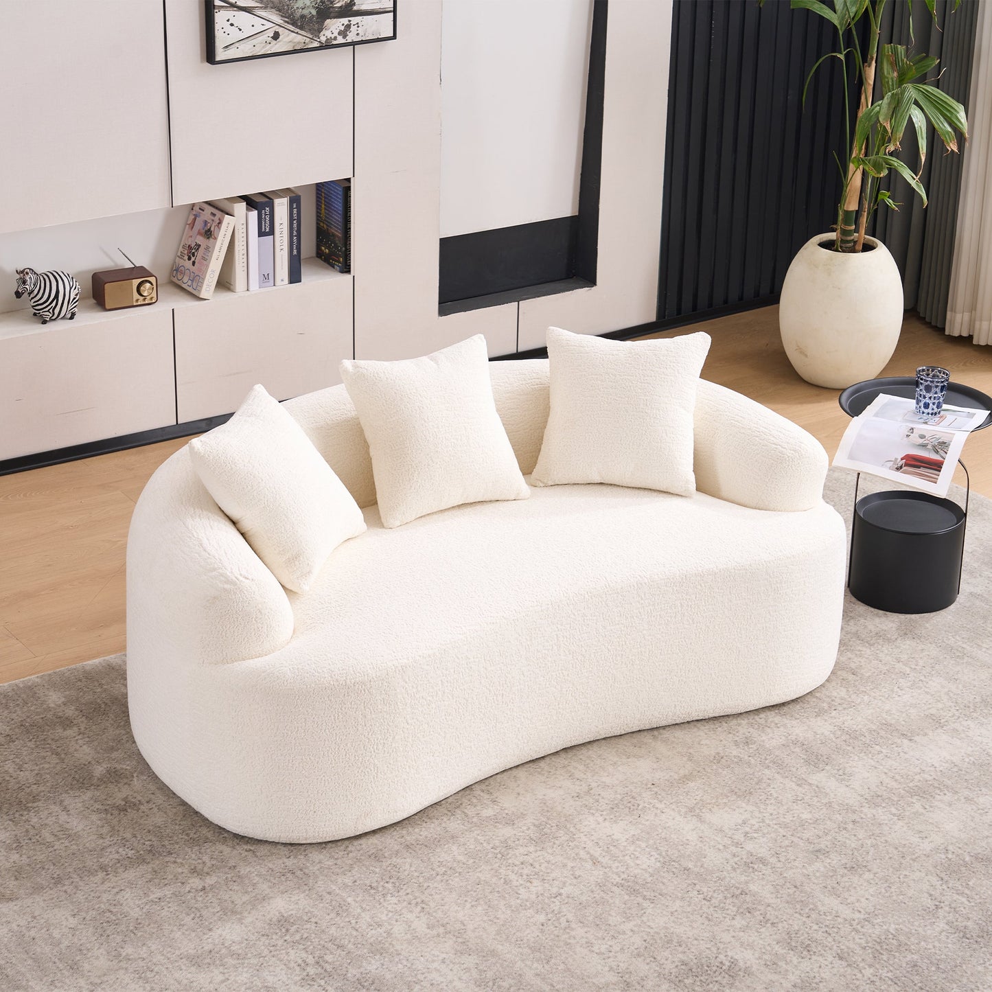 NEW LY-025S Loveseat Wood Grain Chenille Fabric Cloud White High-Density Sponge Couch Sofa