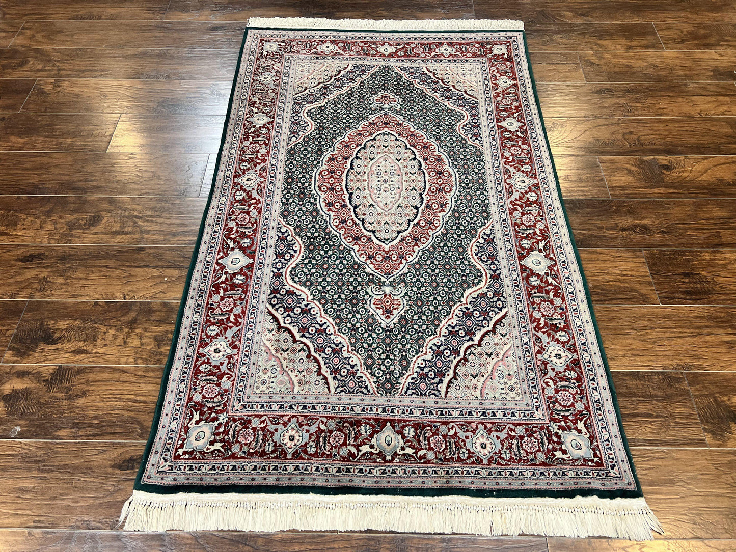 USED Sino Persian Rug 4x6, Wool with Silk Highlights, Fine Hand Knotted Carpet, Green & Maroon Red, Herati Medallion, Vintage Rug