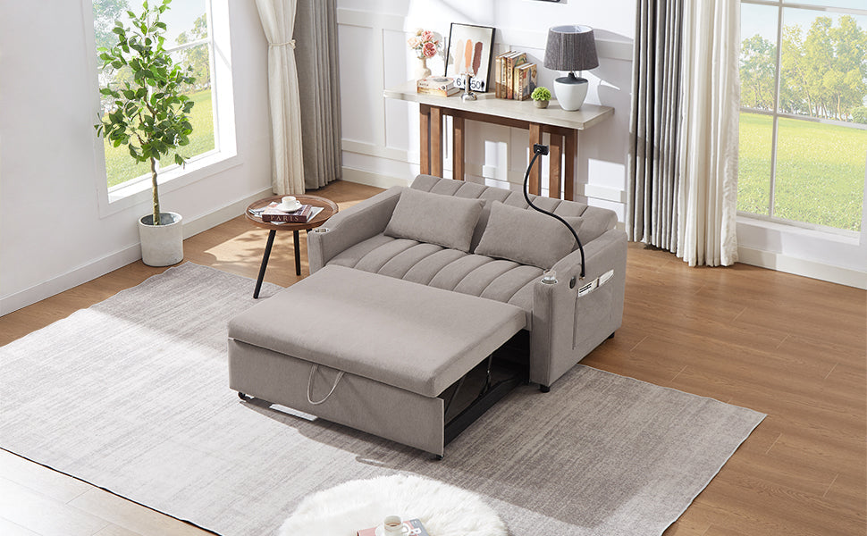NEW Convertible Sofa Bed Loveseat with USB Ports, Side Pockets, Cup Holders & Swivel Phone Holder, Light Grey Bella Fabric