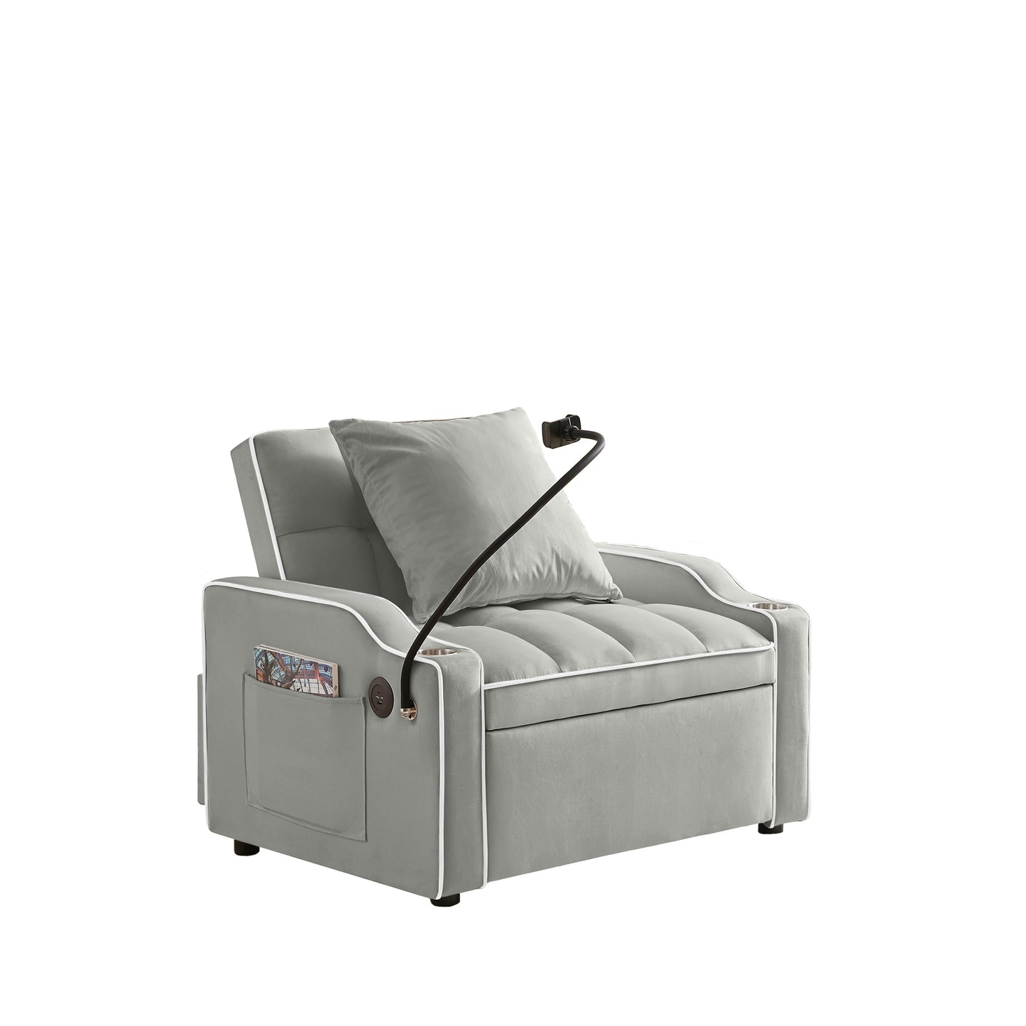 NEW 3-in-1 Grey Velvet Convertible Adjustable Pull Out Sleeper Chair Sofa Bed with Multi-Pockets
