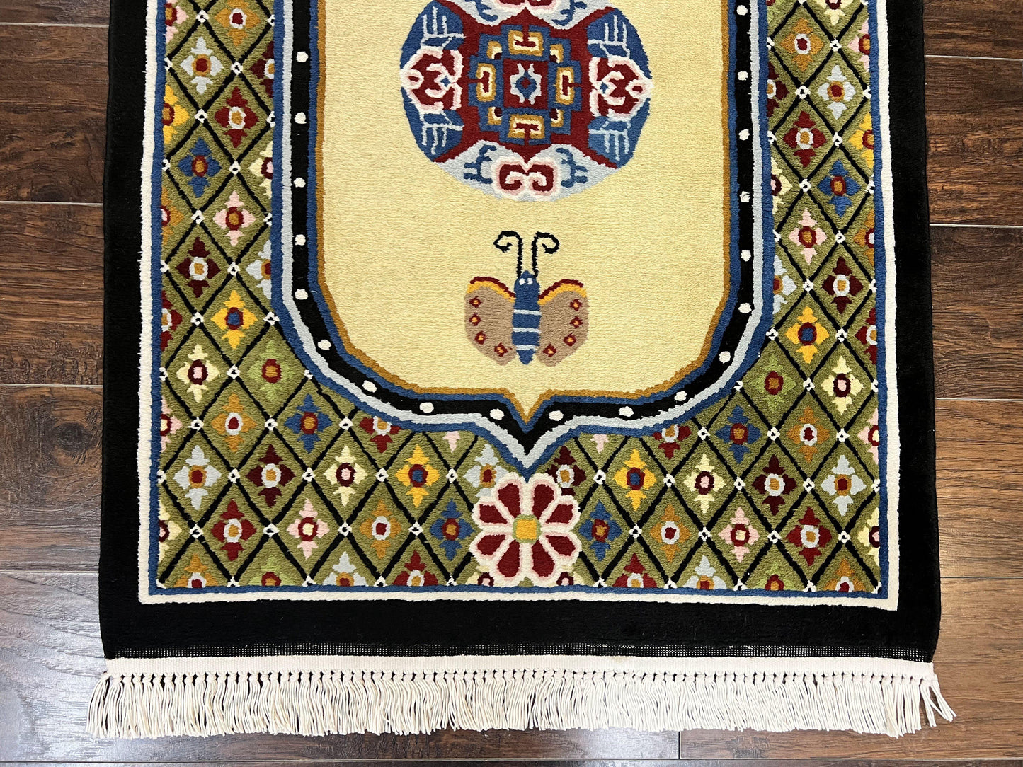 USED Chinese Rug 3x6 ft, Chinese Wool Rug, Tiensin Rug, Handmade Wool 3 x 6 Vintage Peking Rug, Art Deco Rug, Butterflies
