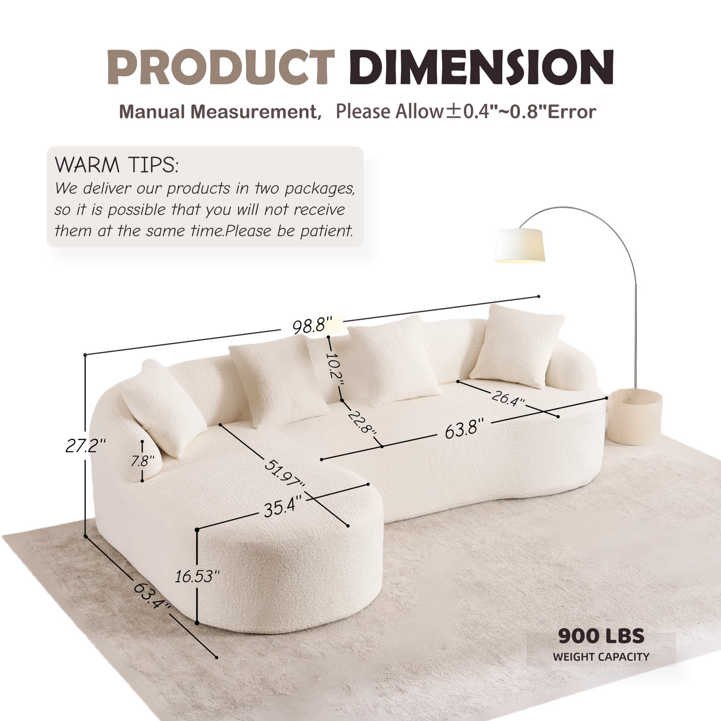 NEW Boneless L-Shape Sectional Sofa White Modular Chenille Compression 30D High-Density Foam Minimalist Modular Couch Sleeper with Curved Chaise