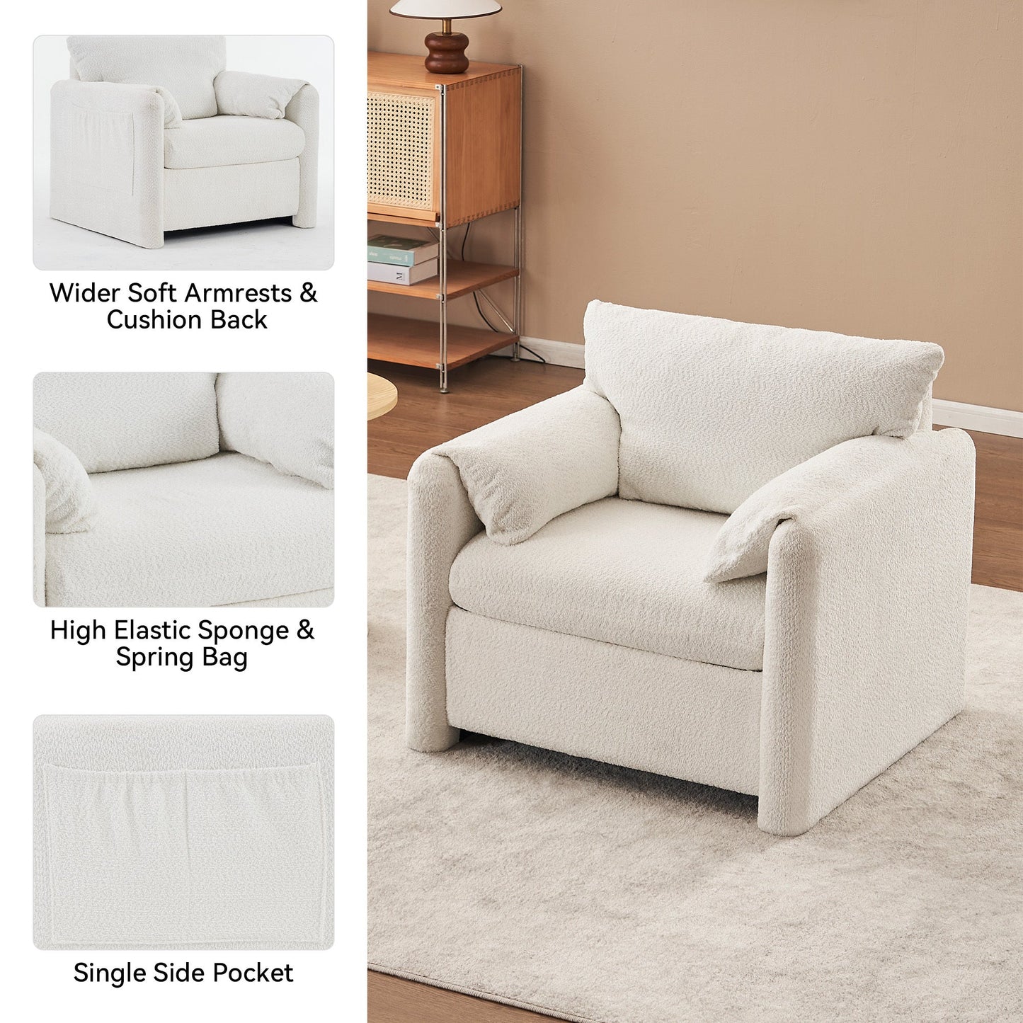 NEW Fixed Modern Ivory White Plush Chenille Lounge Accent Single Seater Armchair Chair with High-Resilience Cushion