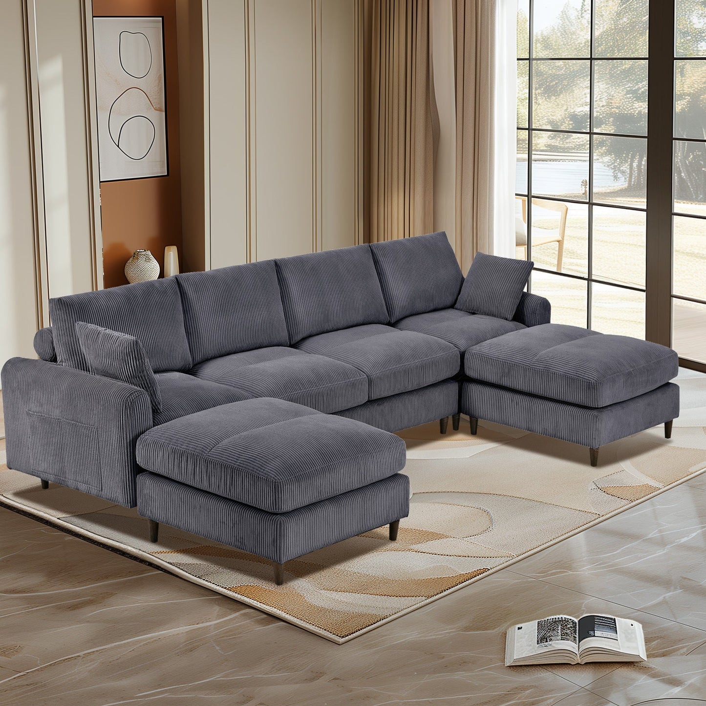 NEW Modern Gray Corduroy Oversized Modular U-Shaped Convertible Sectional Sofa Set with Pillow and Footstool