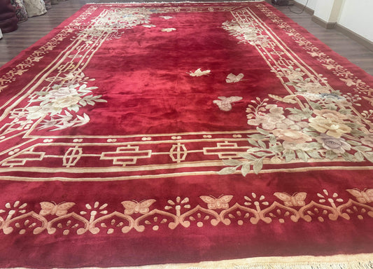 USED Palace Size Chinese Wool Rug 12x18, Red Art Deco Chinese Carving Carpet, Butterflies Flowers