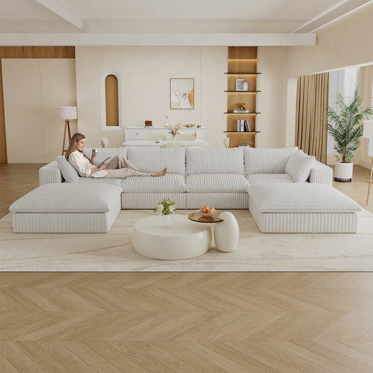 NEW 157.6' Double Layer Removable Cushion Cloud White Corduroy Fabric Deep Seat Sofa Couch