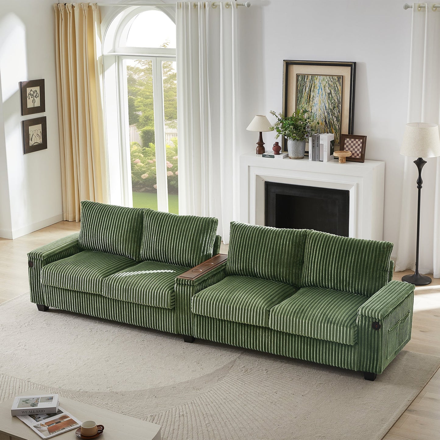NEW Modern 4-Seater Green Corduroy Sofa with USB Ports Hidden Storage Arms and Flip-Top Cup Holders