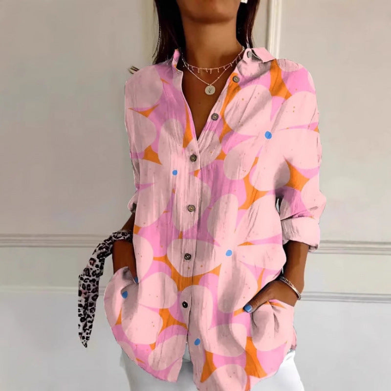 New Floral Print Long-sleeved Shirt Women's Casual Button Tops Clothing