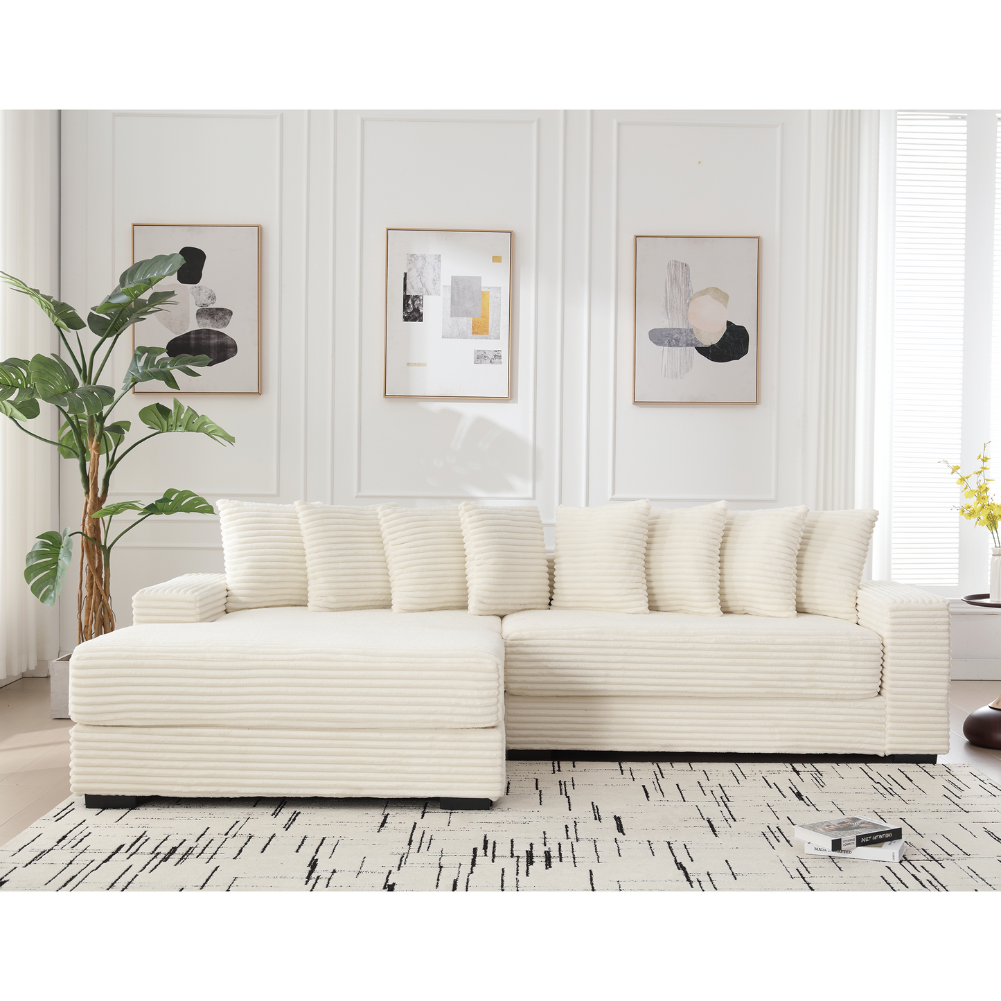 NEW Oversized Two-Piece  Couches,  L Shaped Sofa, Corduroy, Left Chaise Daybed,with Armrests,Eight Throw Pillows,Corner Sofa,Easy To Assemble, Beige