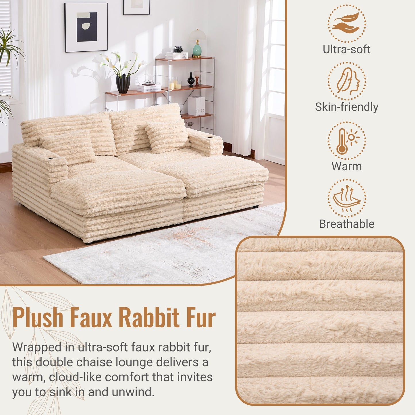 NEW Plush Champagne Faux Rabbit Fur Upholstered Oversized Double Chaise Lounge Sofa with USB Ports and Cup Holders