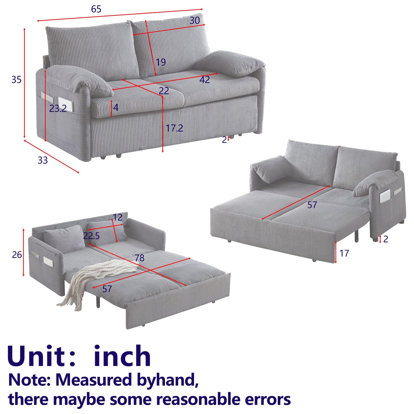 NEW MH'' 3-in-1 Adjustable Sleeper 64.5 Inch Soft Corduroy Convertible Sleeper Sofa Bed with Pullout Bed 2 Pillows and Side Pockets