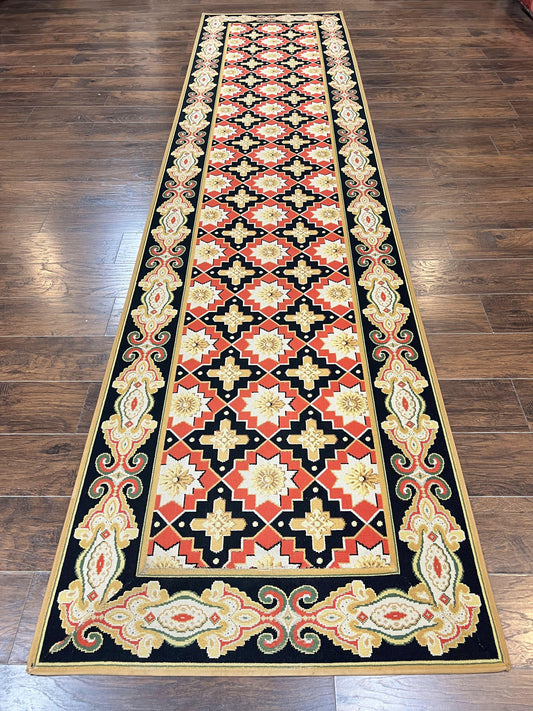 USED Vintage Runner Rug 3.5 x 14, Long Runner Rug, Stark Custom Made Carpet, European Design, Red Black Ivory Tan, Long Rug for Hallway
