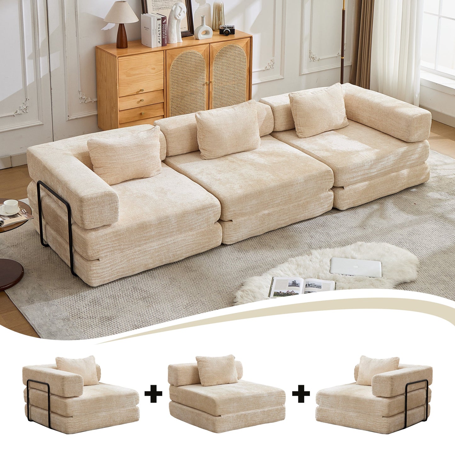 NEW Beige Chenille Fabric Boneless Modular Sectional Sofa Compression Convertible Floor Couch Bed with Fixed-Shape Frame
