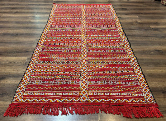 USED Moroccan Kilim Rug 4x8, Flatweave, Bohemian, Red Ivory Orange