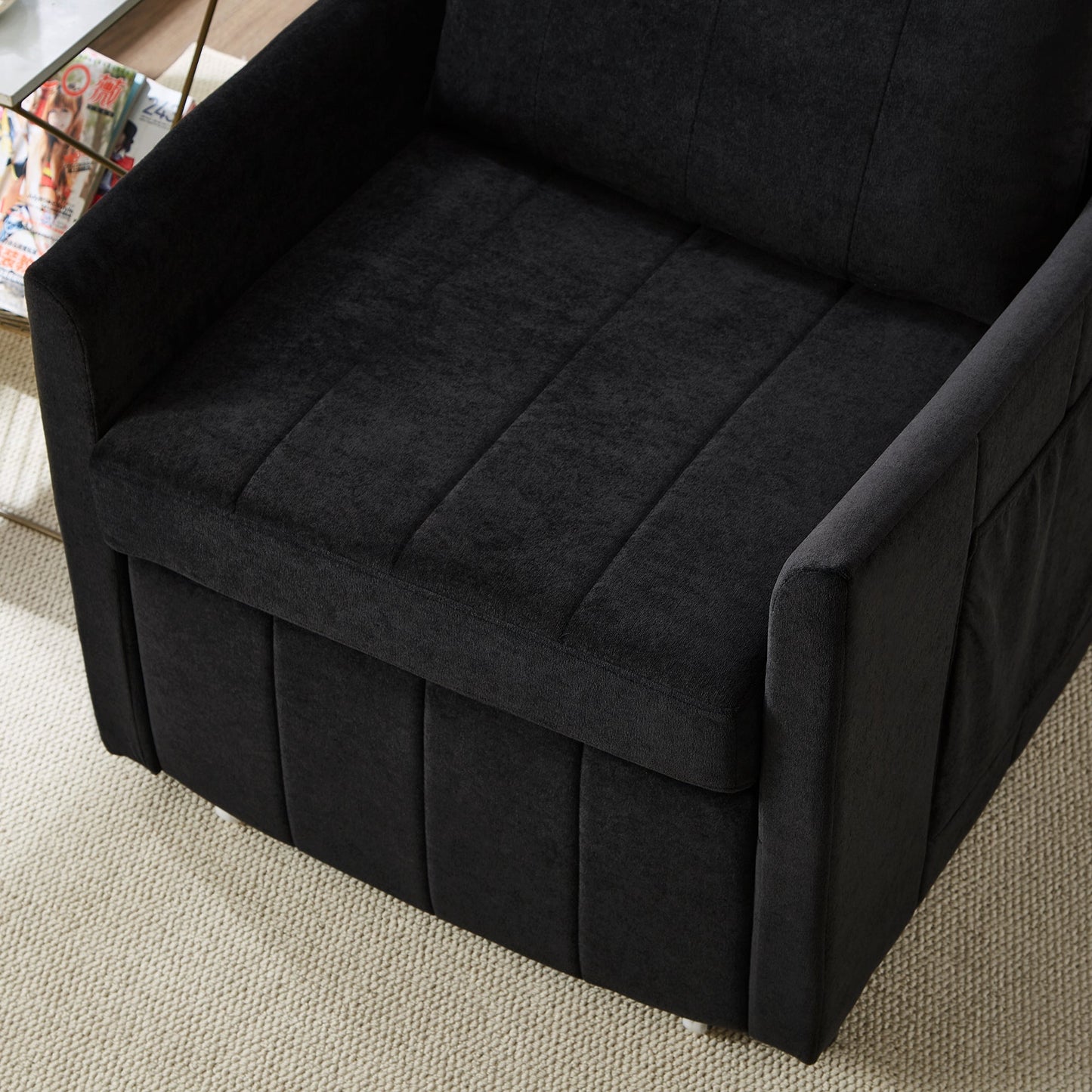 NEW Black Chenille Upholstered Convertible Sleeper Sofa with 5-Position Backrest Side Pockets Storage