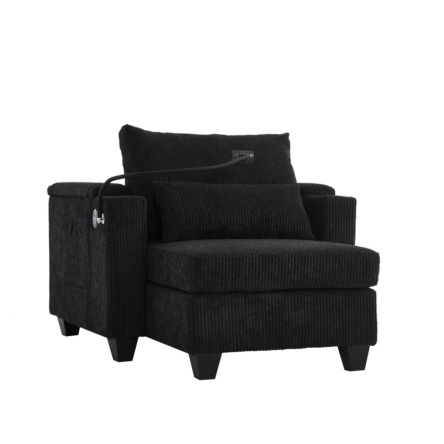 NEW Convertible Chaise Lounge Sofa Chair Bed with USB Ports, Cup Holders & Storage, Black Corduroy, 37.4'