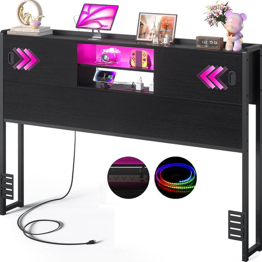 NEW Queen Size Headboard with Storage USB Outlets LED Light