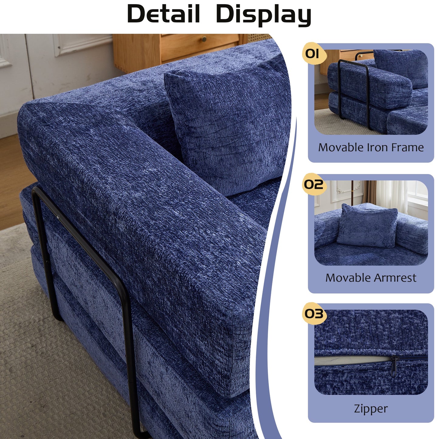 NEW Dark Blue Chenille Fabric Compression Convertible Floor Sofa Bed with Fixed-Shape Frame Boneless Modular Sectional Couch