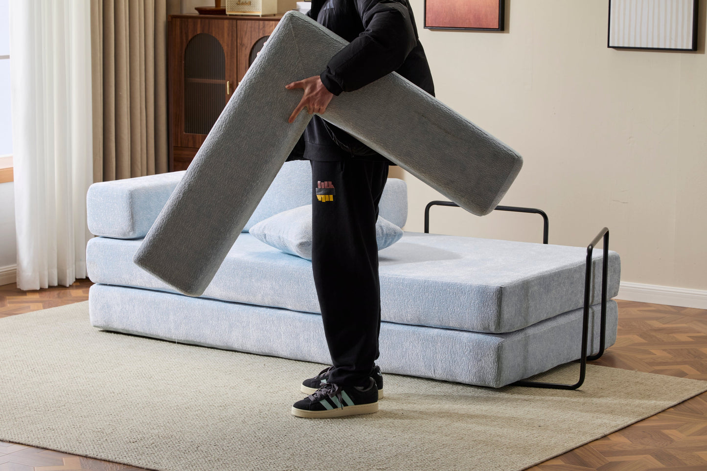 NEW Light Blue Chenille Fabric Floor Couch Compression Convertible Sofa Bed with Pillow Back Support Armrest Comfy Futon Couch Lounge Sleeper Bed