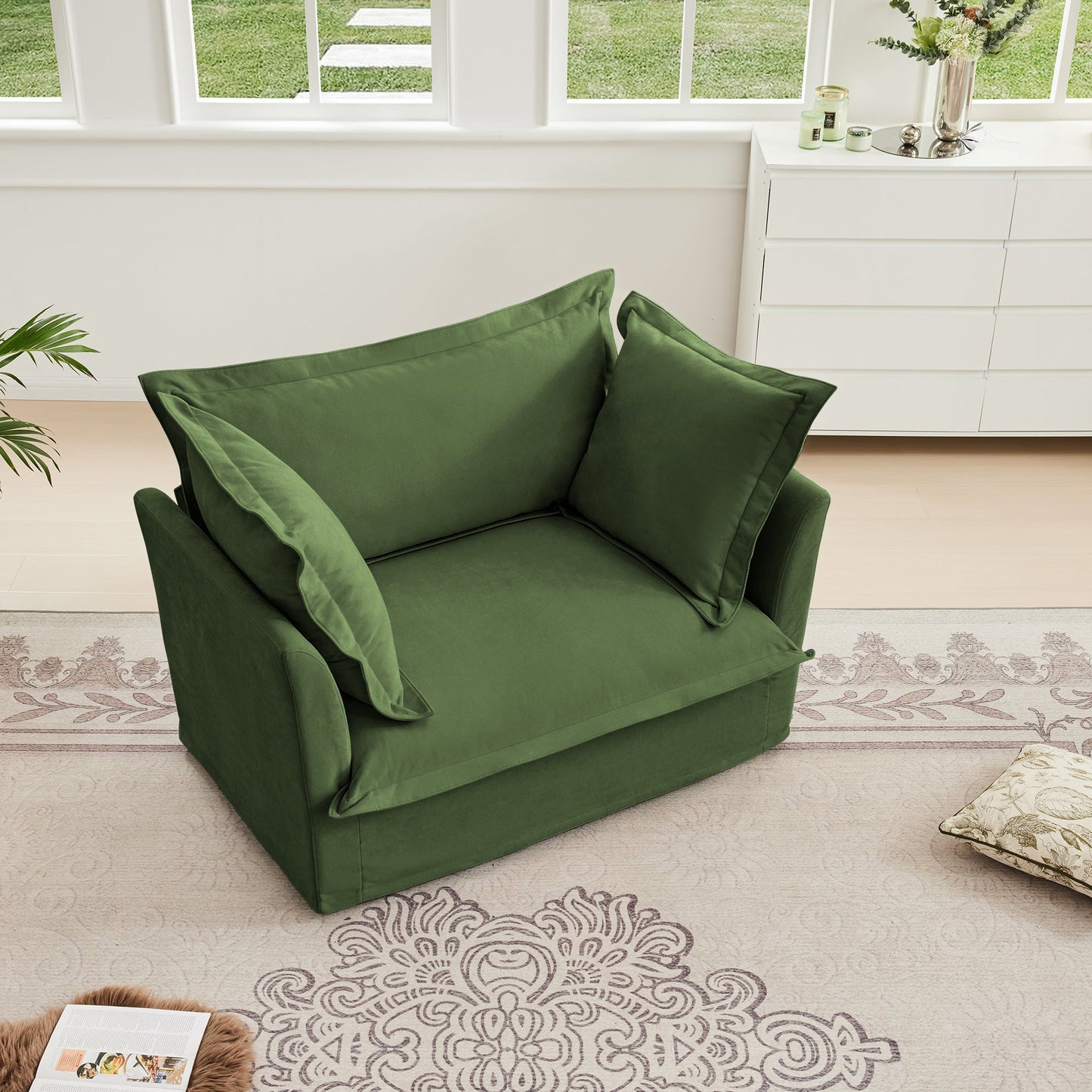 NEW Slip-covered Armchair with 1 Big Back Cushion and 2 Big Toss Pillows, Single Deep Seat Comfy Single Couch Sofa Multiple Large Soft Pillows, Chenille Fabric, Green