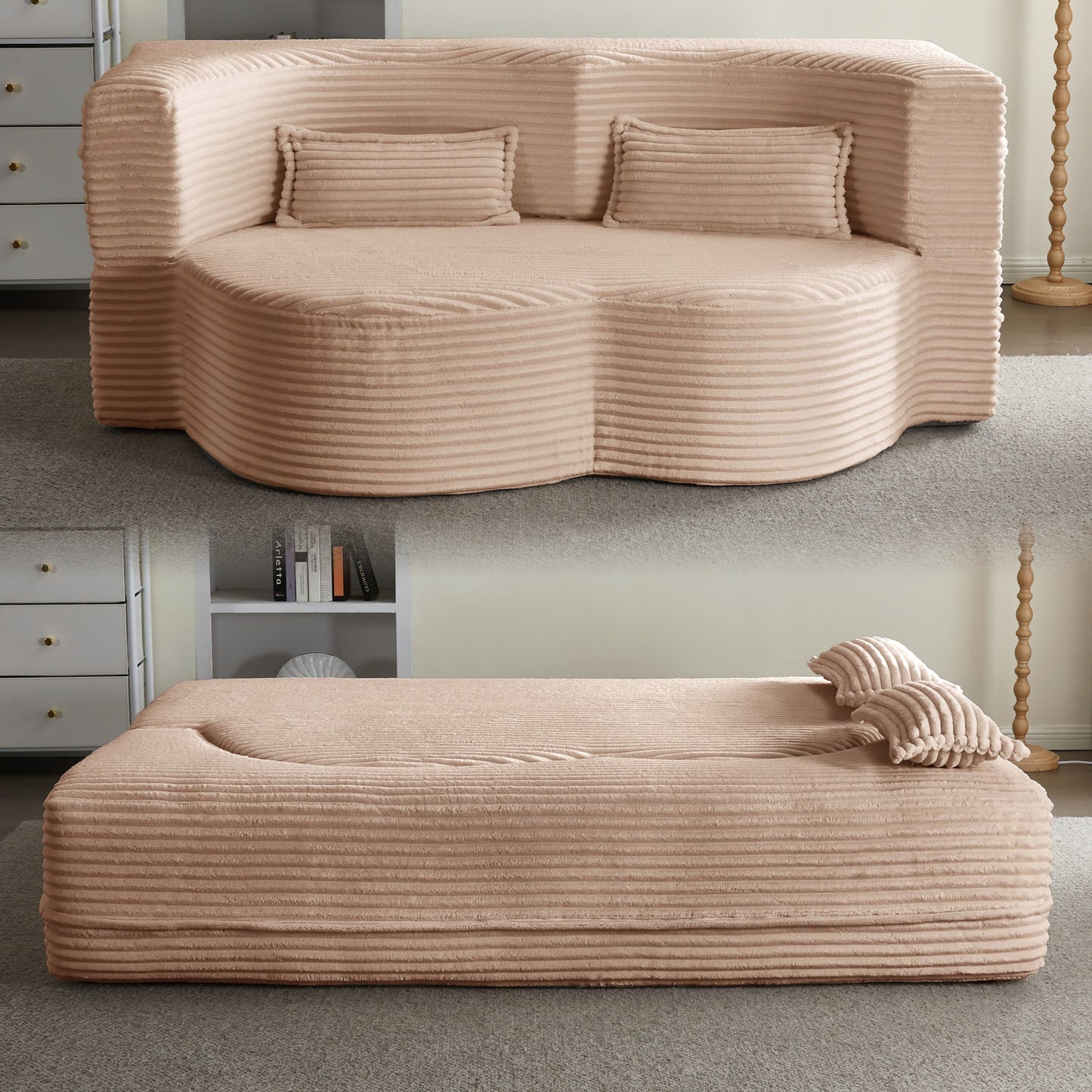 NEW Modern Convertible Plush Corduroy Foam-Filled Sleeper Sofa Bed with 2 Pillows & 15’ Full Size Folding Mattress