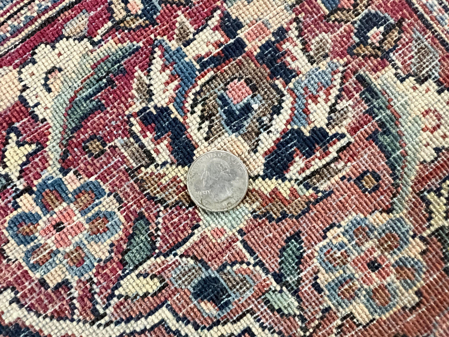 USED Persian Kashan Rug 4x7, Floral Medallion Vintage Handmade Hand Knotted Navy Blue & Red Wool Oriental Carpet, Highly Detailed Semi Antique Rug