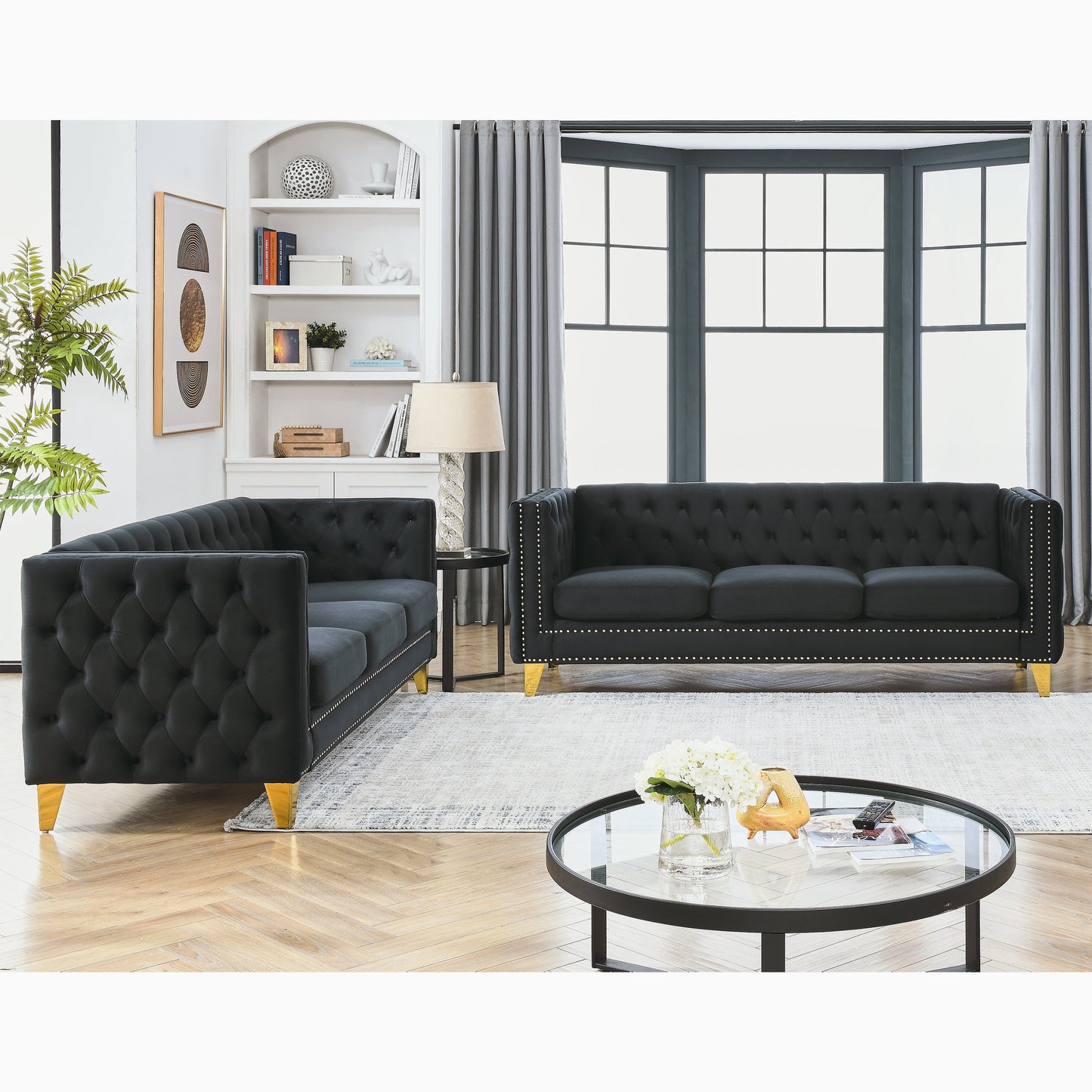 NEW 2pc Black Velvet Tufted Button Square Arm Couch Modern Upholstered Metal Legs Sofa