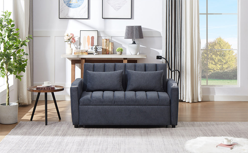 NEW Convertible Sofa Bed Loveseat with USB Ports, Side Pockets, Cup Holders, and Phone Holder in Blue Grey Bella Fabric, 55.9'