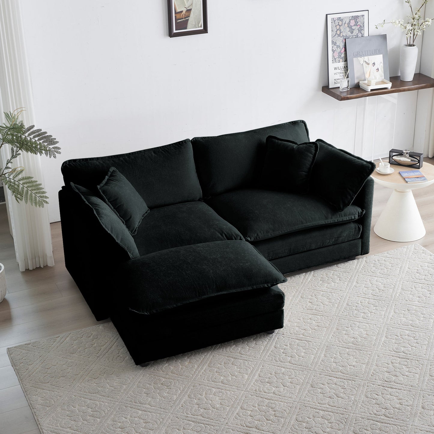 NEW Chenille Two-Seater Sofa with 1 Footrest, 2 Seater L-Shaped Sectional with Ottoman,Loveseat with Ottoman for Small Living Space, Black Chenille