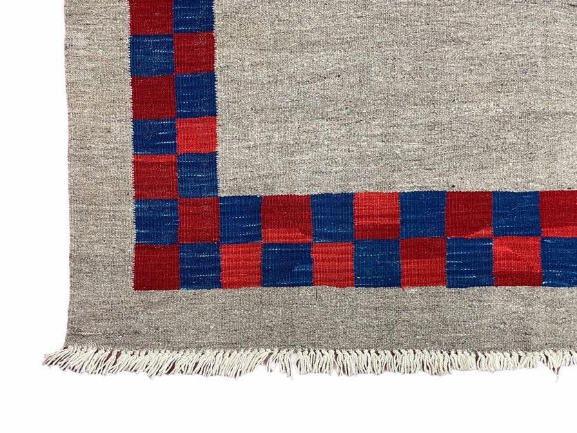 NEW 5' 7" x 7' 9" Geometric Kilim Carpet, Gray, Handmade, Hand-Knotted Area Rug, Blue & Red, Flatweave, Wool, New, Checkerboard Pattern