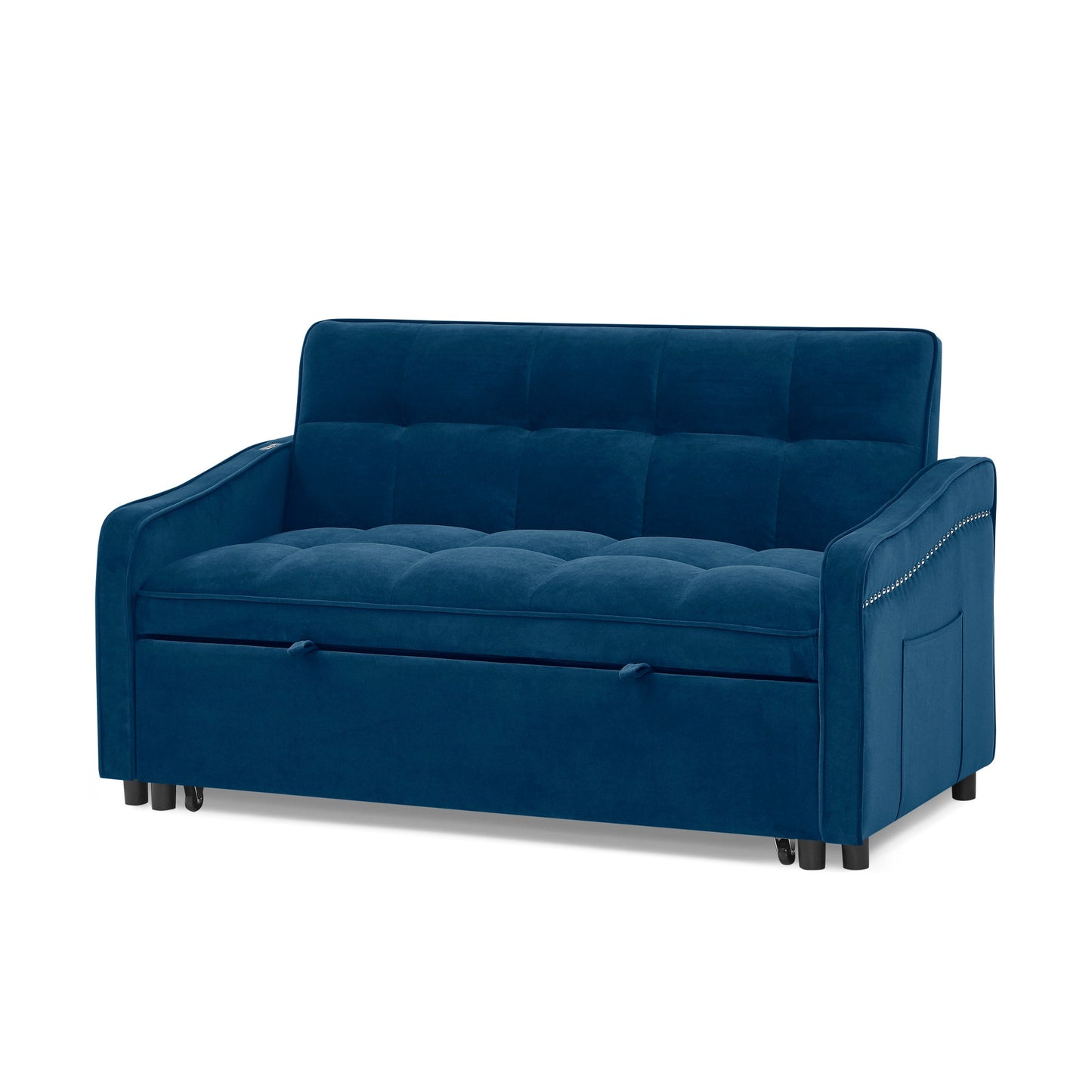 NEW Blue Copper Nail Loveseat Sofa Bed with Pull-out Bed with Adjustable Back Two Arm Pocket TypeC and USB Charging
