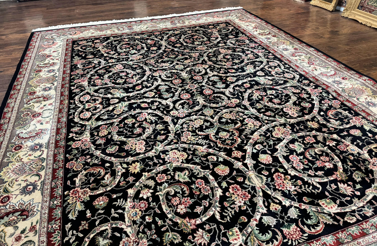 USED Black Pak Persian Rug 8x11, Floral Pattern, Hand Knotted Vintage Wool Rug with Silk Highlights, Fine 200 KPSI