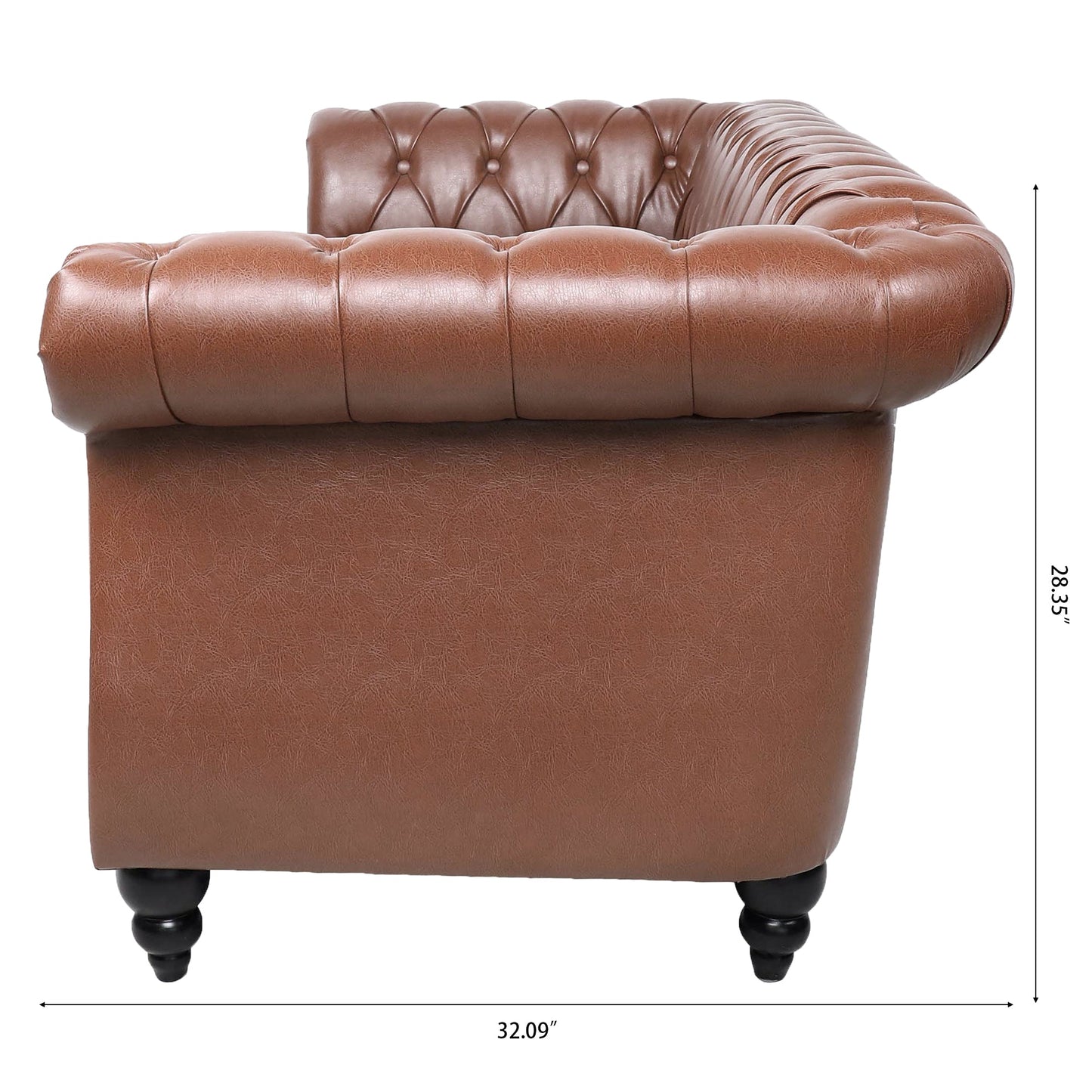 NEW Classic Chesterfield Three Seater Sofa Brown PU Leather with Rolled Arms and Birch Legs 84.65 Inches