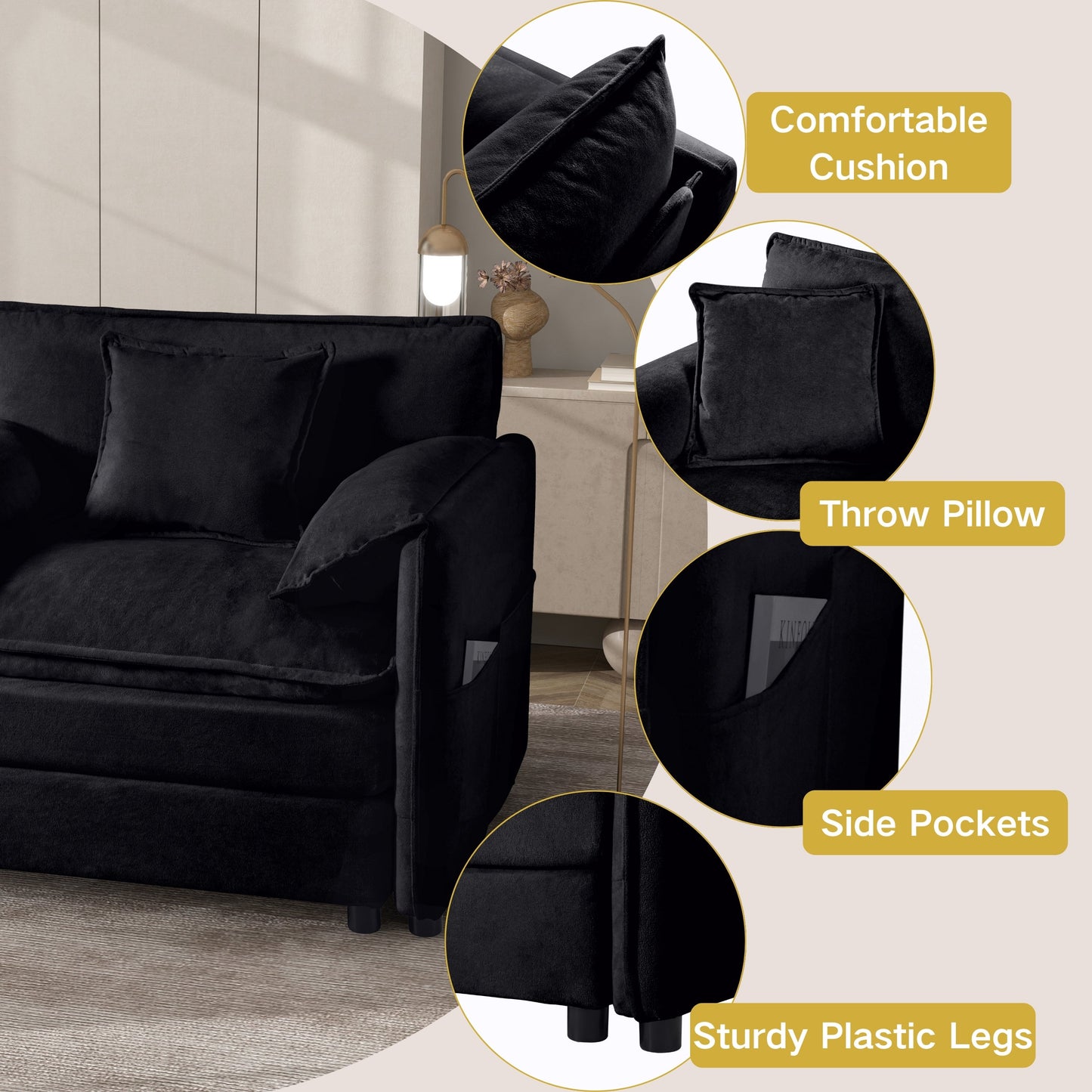 NEW Modern Chenille Deep Seat Sectional Sofa Cloud Couch with Ottoman, Comfy Love Seat Upholstered Modular L Shaped Couch, Black