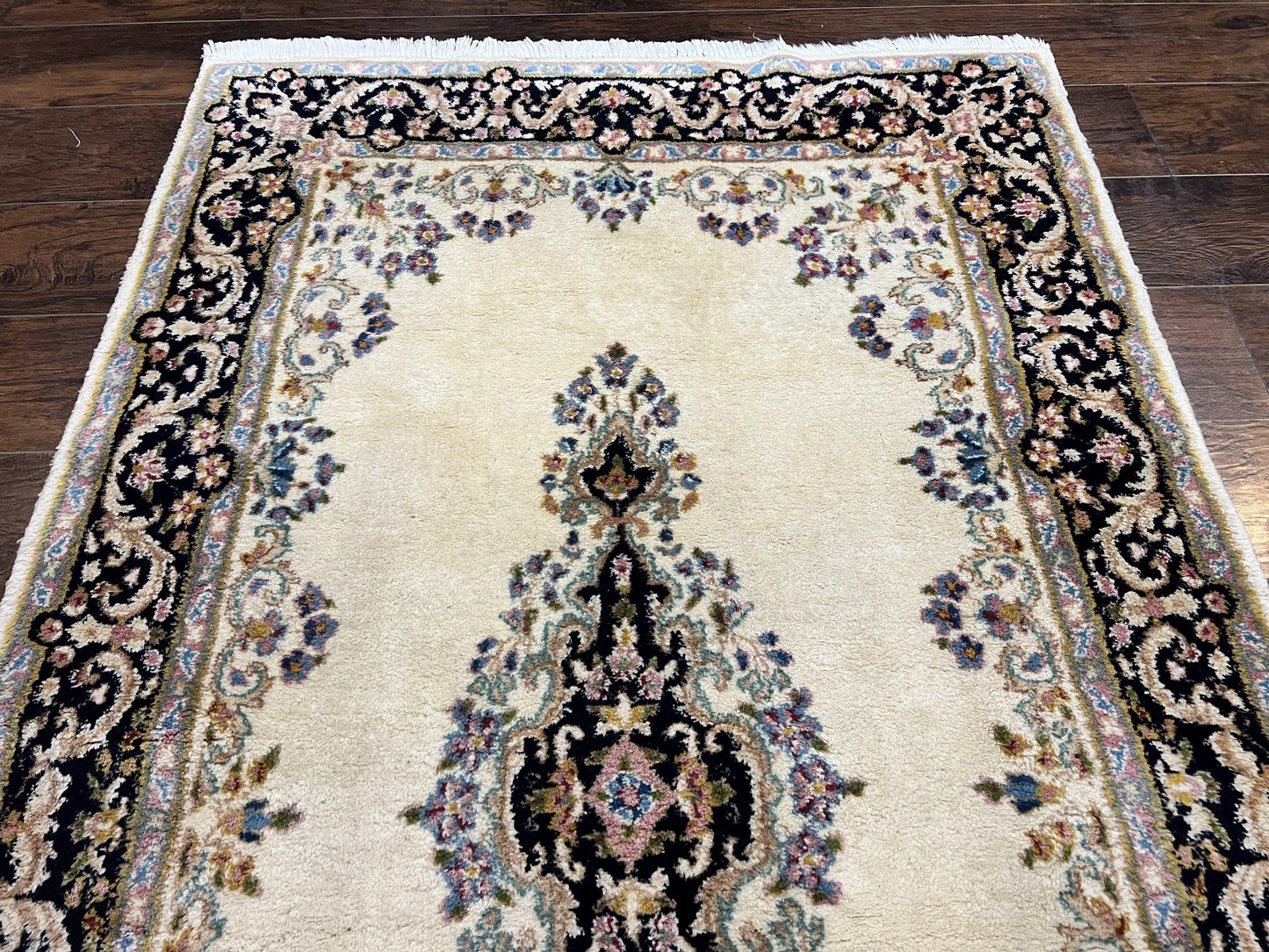USED Persian Kirman Rug 4x7, Wool Hand Knotted Antique Carpet, Beige, Semi Open Field Medallion Rug, Traditional Handmade Oriental Rug