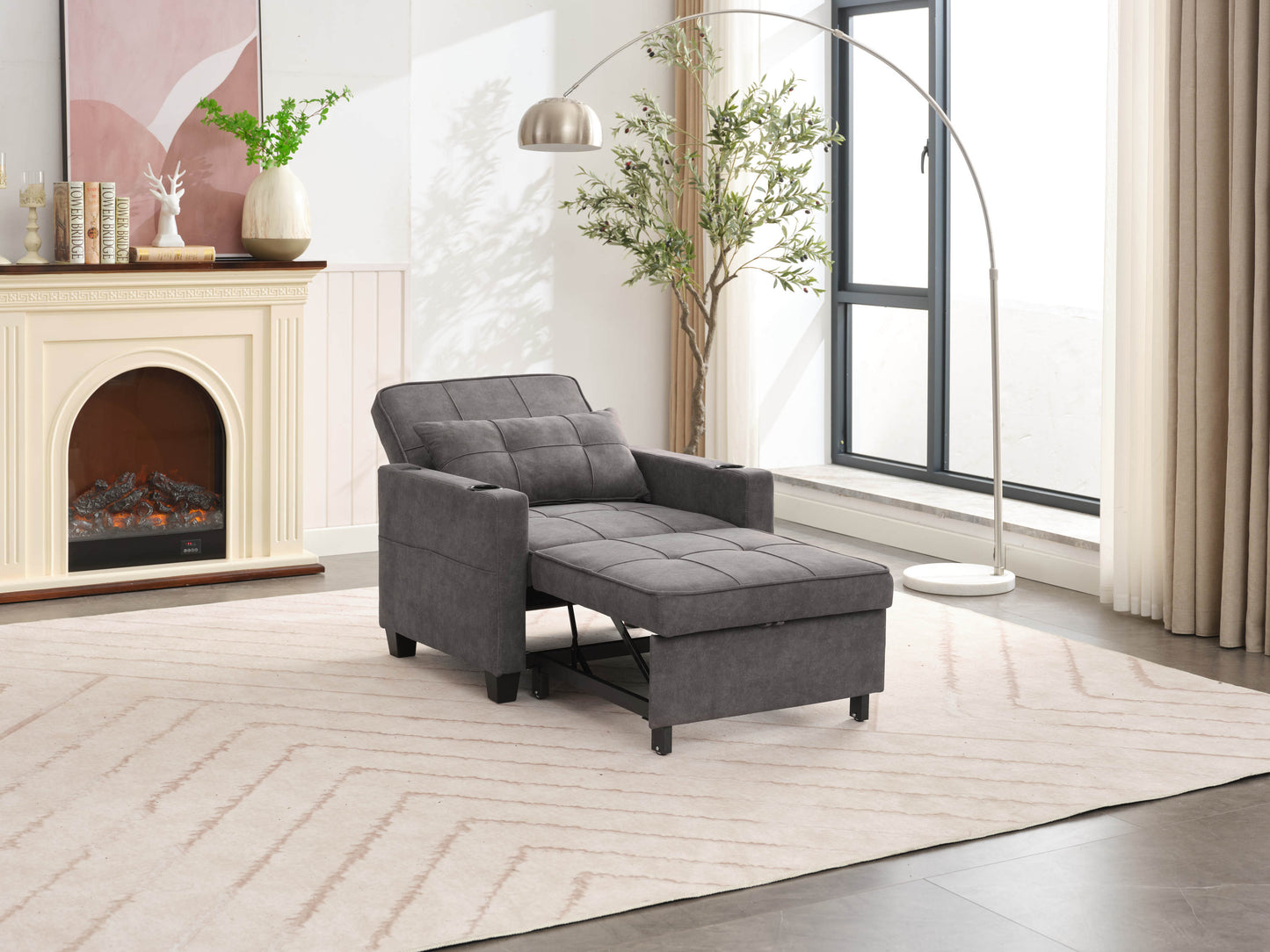 NEW Dark Grey Futon Bed Convertible Chair 3-in-1 Pull Out Sleeper Sofa with USB Ports