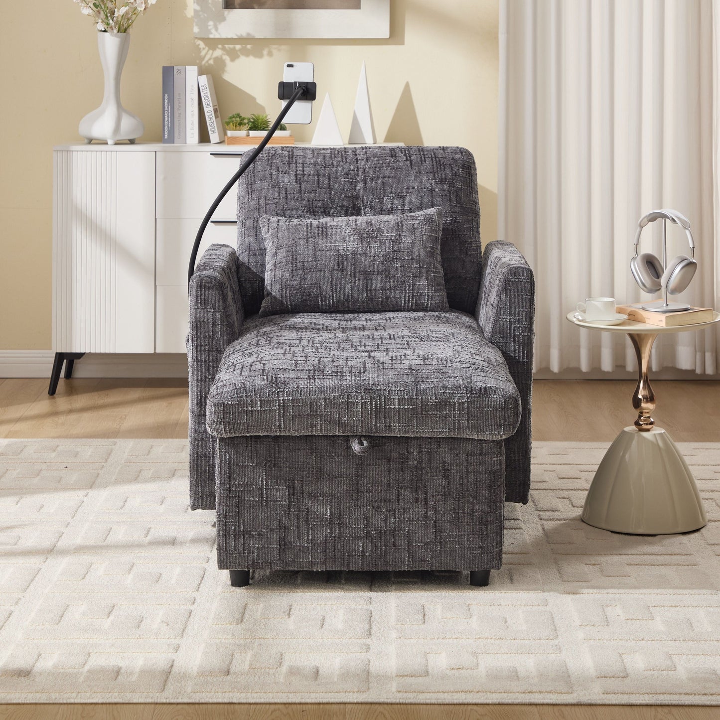 NEW Multifunctional Recliner with Storage Backrest and Cell Phone Bracket in Gray Chenille for Living Room and Bedroom