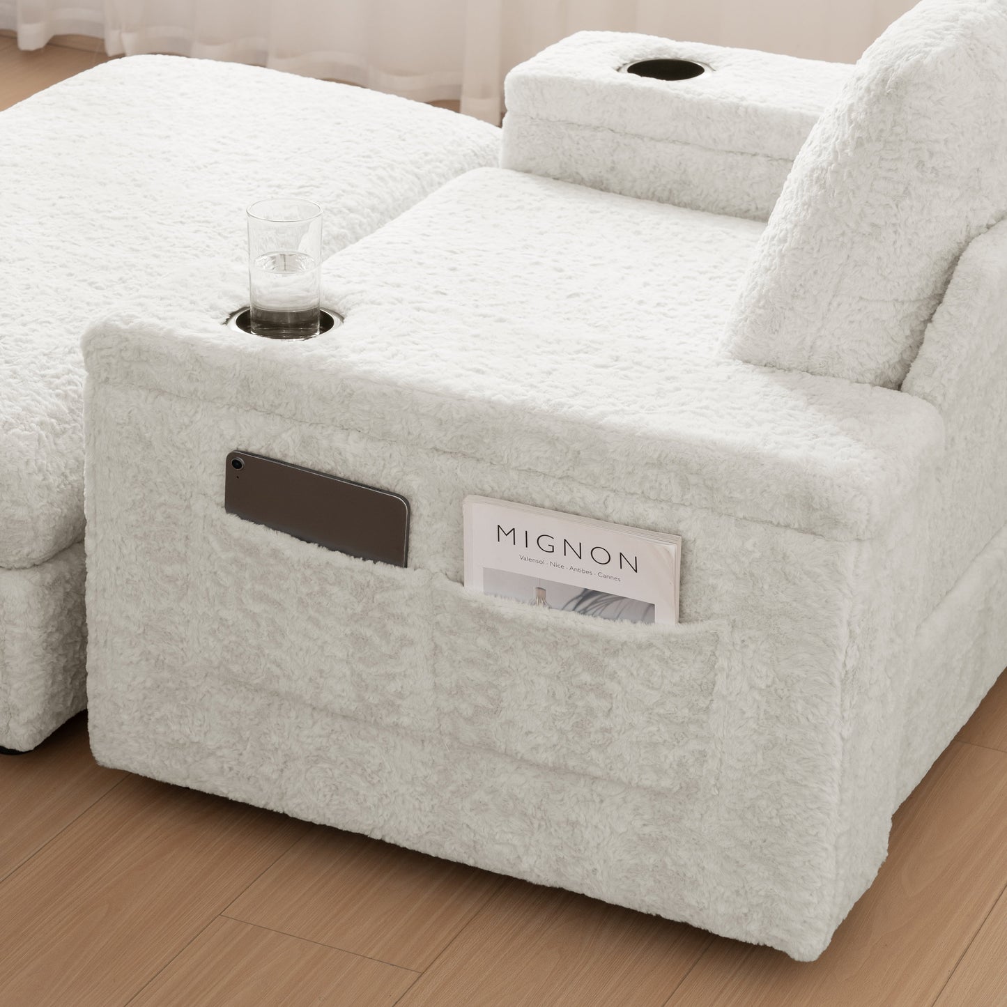 NEW Luxurious Faux Rabbit Fur Oversized Chaise Lounge Sofa Bed with Storage Ottoman Armrests and Cup Holders