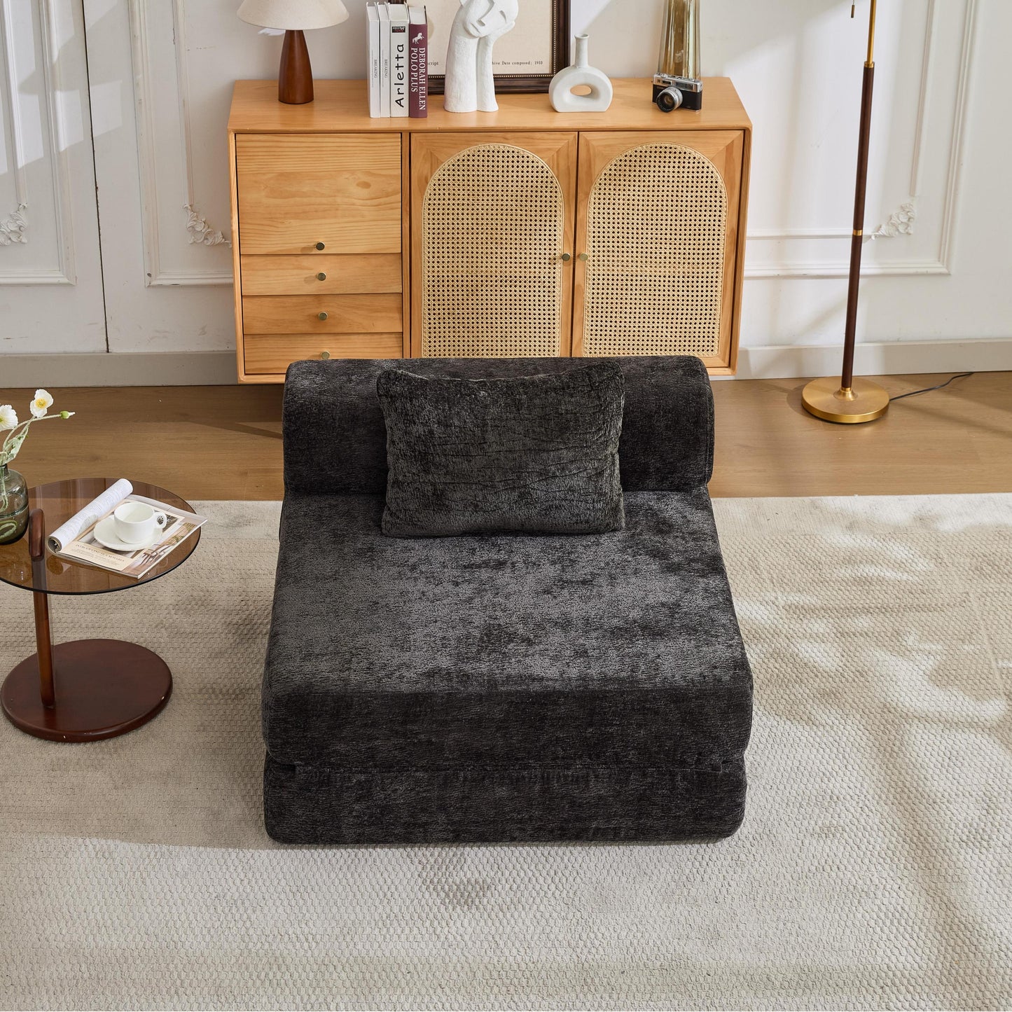 NEW Compression Black Chenille Fabric Convertible Single Seater Boneless Modular Sectional Sofa with Fixed-Shape Frame