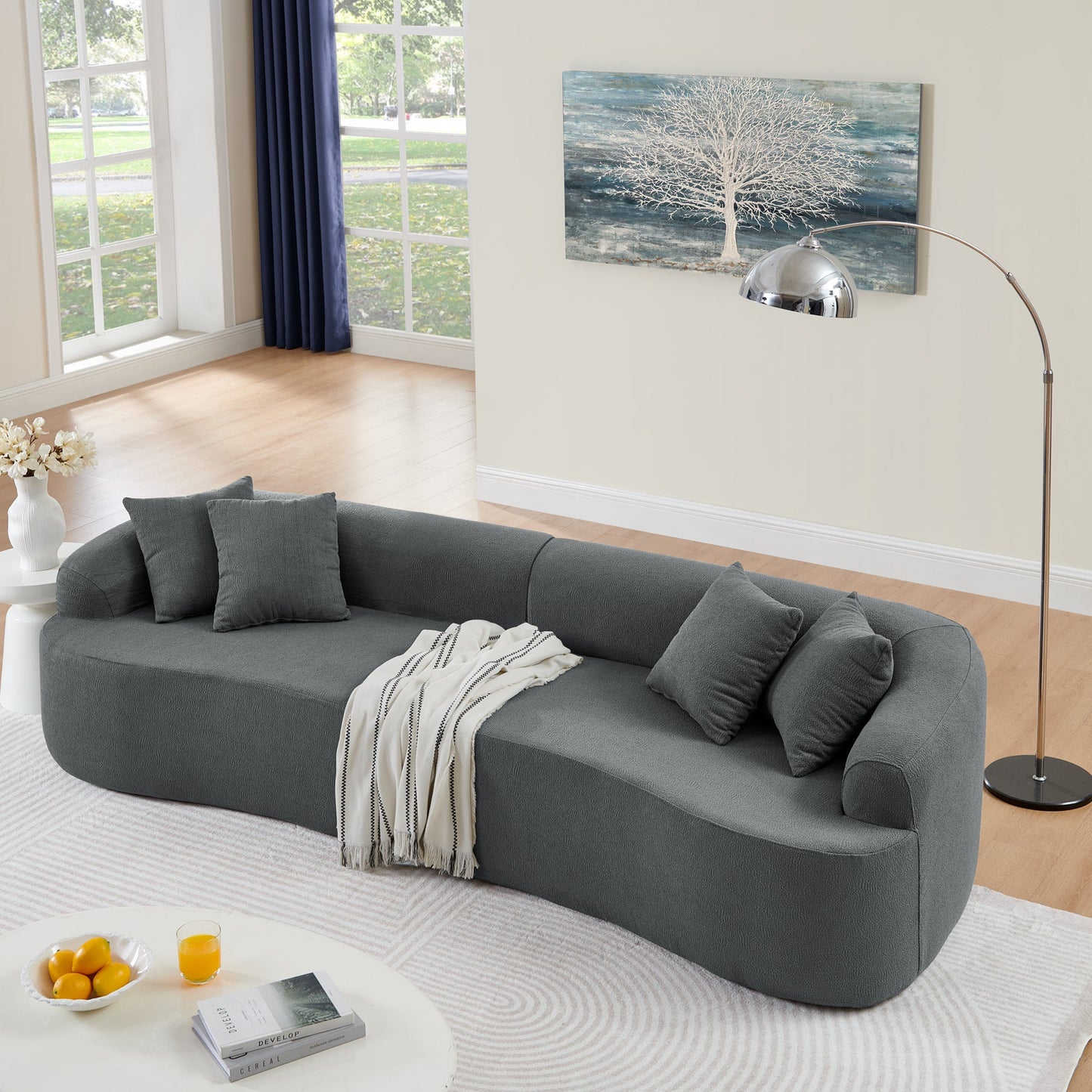 NEW Curved Modular Sectional Sofa in Lamb's Wool Fabric, Modern Minimalist Style, Compressed (No Assembly Required), Comfy for Living Room & Bedroom - Gray