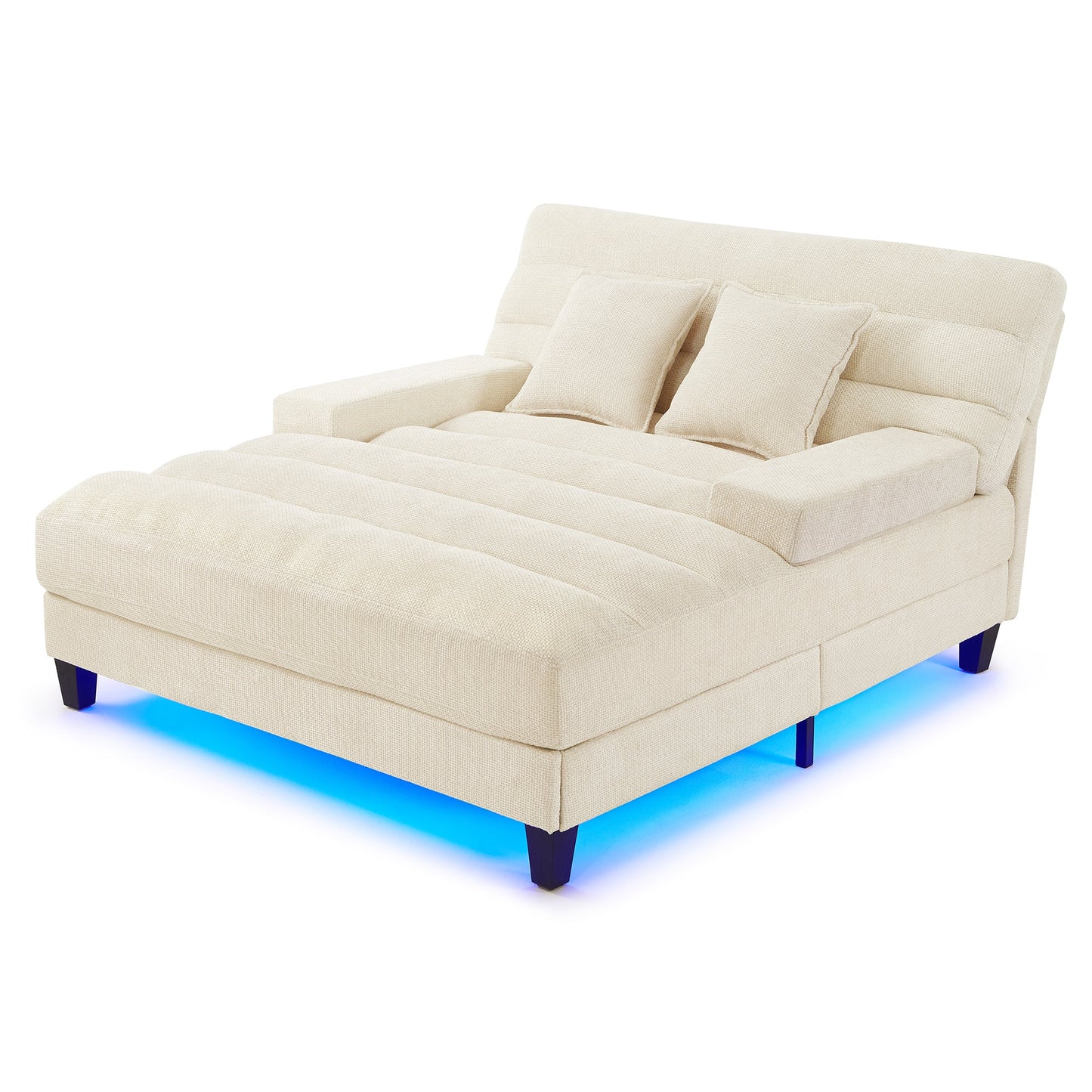 NEW Modern Beige Chaise Lounge Sofa 57.1' Bed Chenille Upholstered Lounge Chair with Adjustable Backrest and LED Light Strip