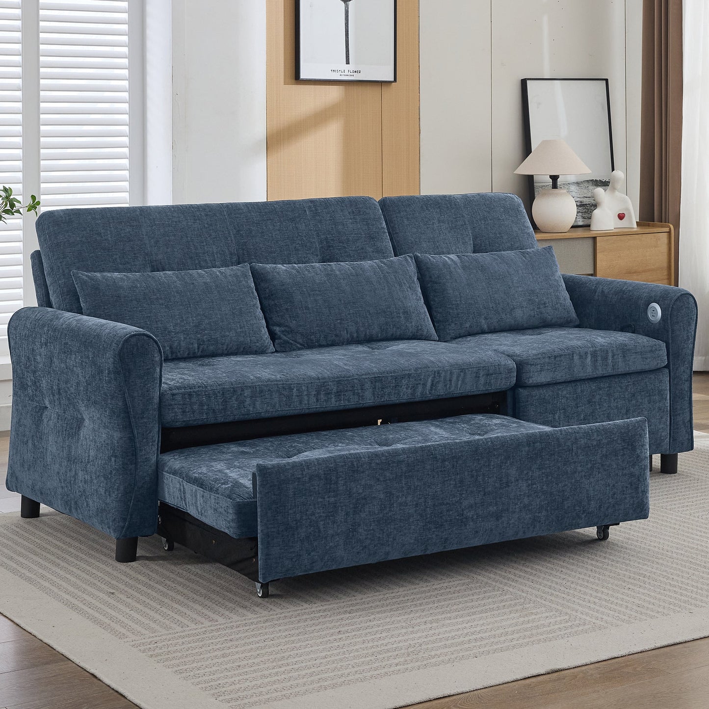 NEW 2-in-1 Sofa 82' Three-seater Sofa with Sofa Bed and Reversible Recliner, Blue Chenille
