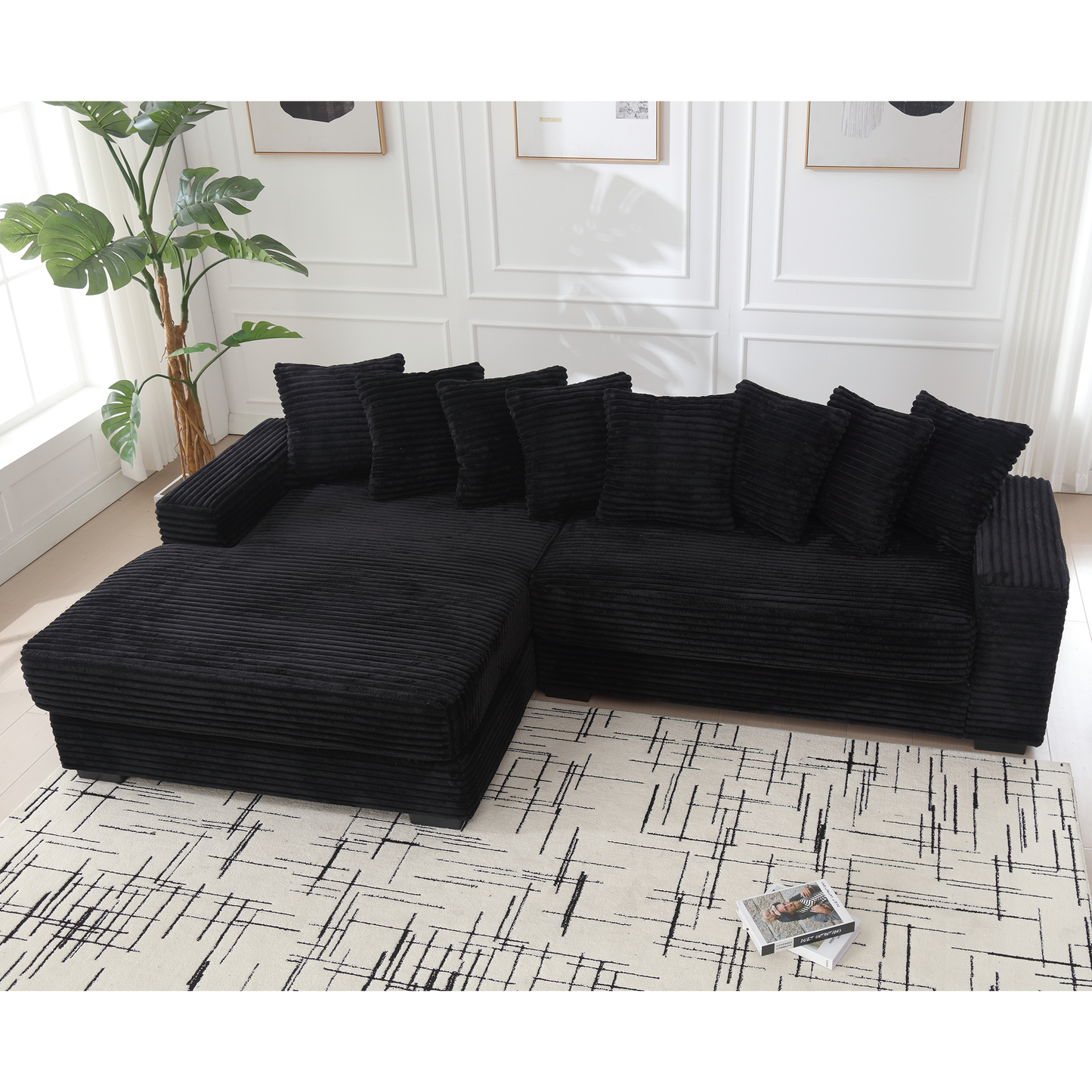 [NEW ARRIVED] [VIDEO PROVIDED] Oversized Two-Piece  Couches,  L Shaped Sofa, Corduroy, Left Chaise Daybed,with Armrests,Eight Throw Pillows,Corner Sofa,Easy To Assemble, Black