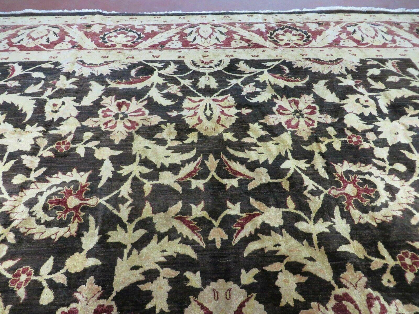USED 11' X 15' Vintage Hand Knotted Indian Agra Wool Rug Hand Made Dark Brown Floral