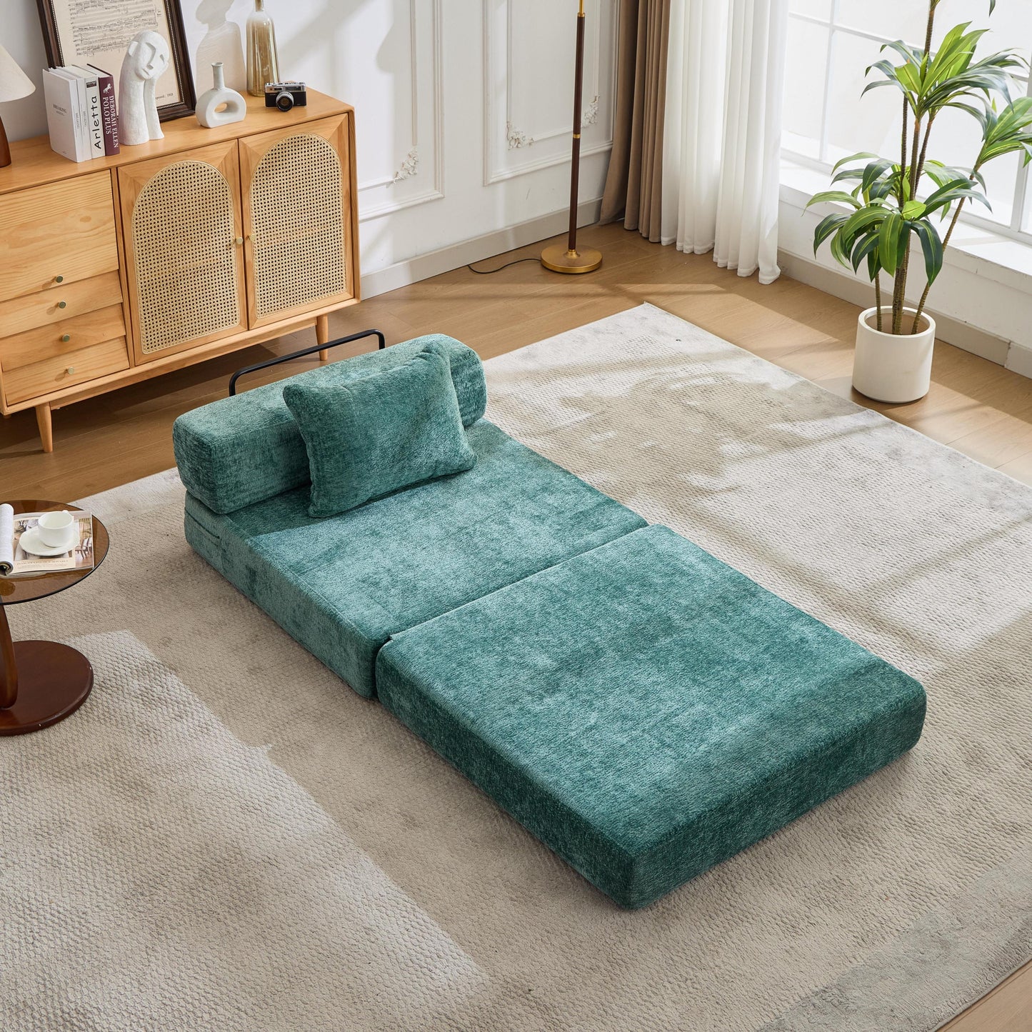 NEW Dark Green Chenille Fabric Compression Convertible Sofa Bed Single Seater Boneless Modular Sectional Sofa