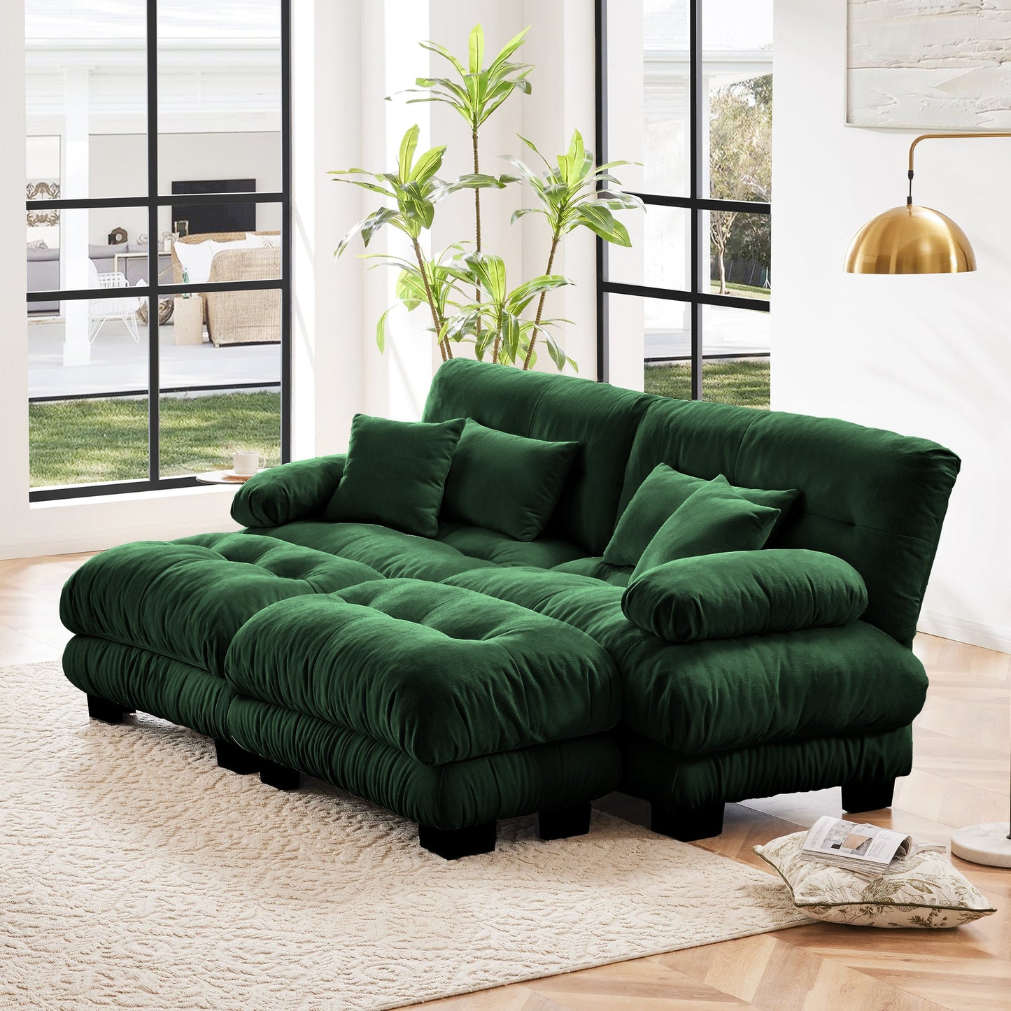 NEW Cloud Couch Sleeper Sofa for Living Room, Chenille 2 Seater sofa with 2 Lumbar pillows and 2 throw pillows , Upholstered Wide Arm Sofa with 2 Ottomans,Chenille Green