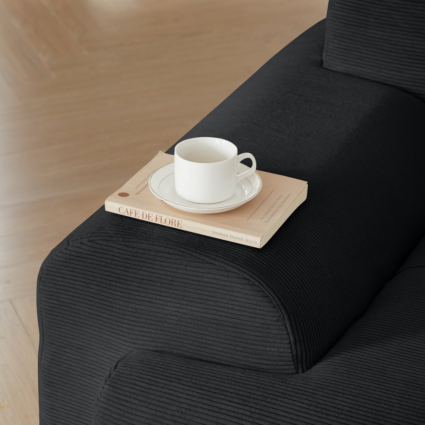 NEW Modern L-Shaped Modular Sectional Sofa in Black Corduroy 113' Oversized 3-Seater Couch with Deep Seat and Movable Ottoman