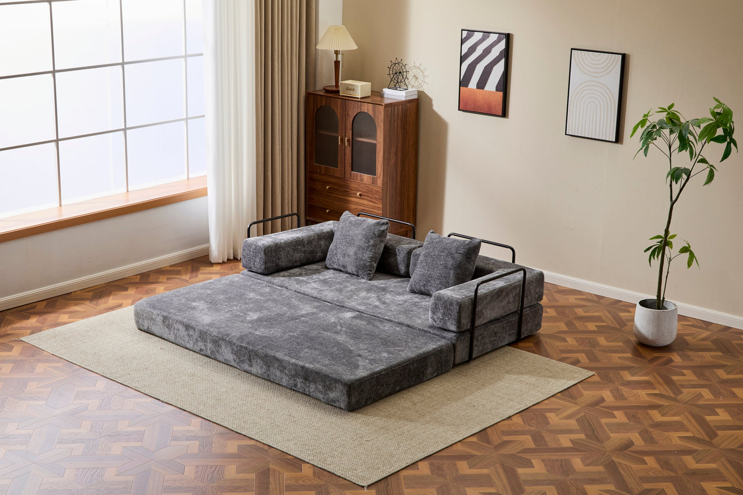 NEW Floor Couch,Compression Sofa,Convertible Floor Sofa Bed-with Pillow Back Support Armrest,Comfy Futon Couch Lounge Sleeper Bed,Chenile fabric,for Living Room Bedroom (DARK-GREY)