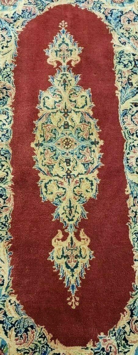USED Small Persian Kirman Rug 2x4, Wool Oriental Vintage Handmade Carpet, Hand Knotted Floral Medallion, Red & Beige, Semi Open Field